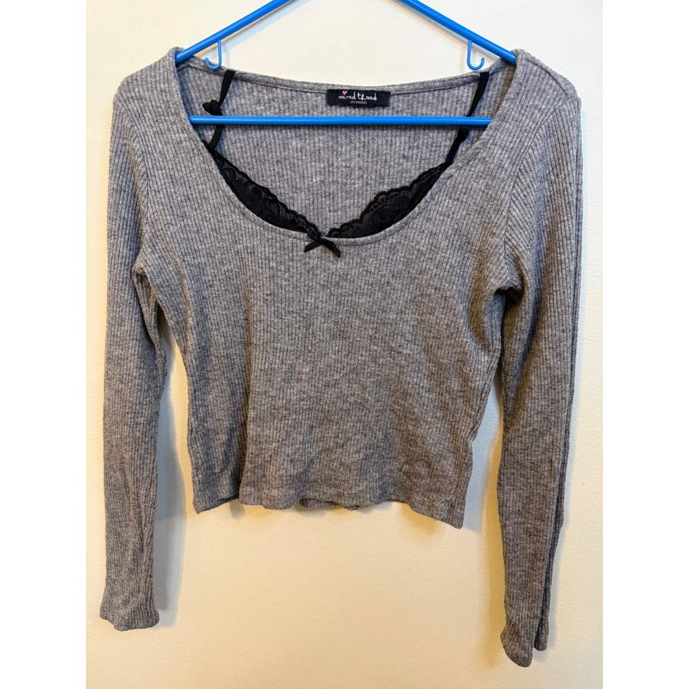 Mixed Threads Ribbed Lace Trim Top Women Med Grey Excellent Cropped Long Sleeve